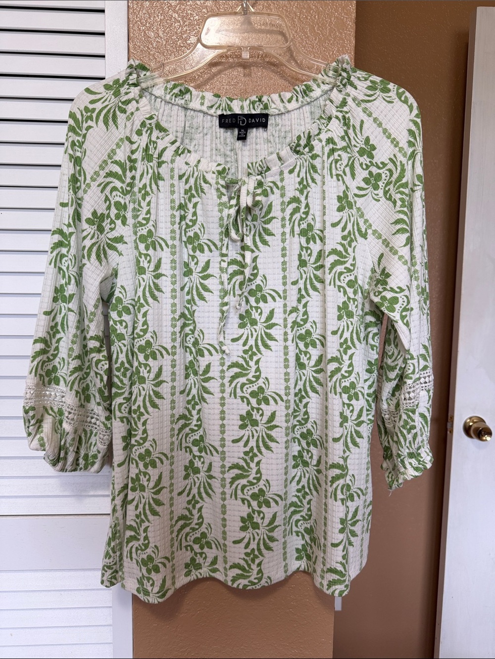 Fred David White Tunic with Green Floral Print Womens XL